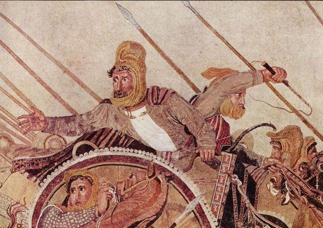 نگاره داریوش سوم که آشفته دستش را به سوی اسکندر دراز کرده‌است و باشلقی که بر سر دارد