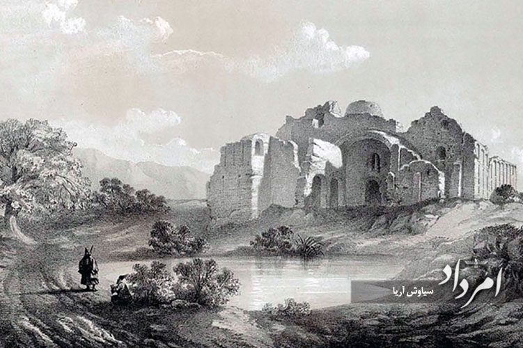 نقاشی اوژن فلاندن، خاورشناس و معمار فرانسوی از کاخ اردشیر فیروزآباد در سال 1851 میلادی