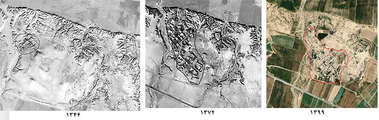 وضعیت محوطه چگاسفلی در نقشه در سال های 1346 و 1372 و کنونی آن