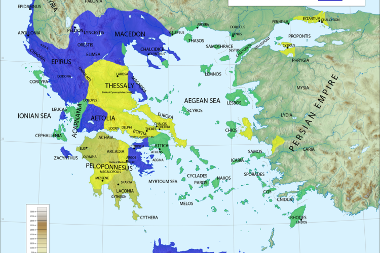 نقشه‌ی یونان و قلمرو  آتن، اسپارت و تِب در زمان اردشیر دوم هخامنشی