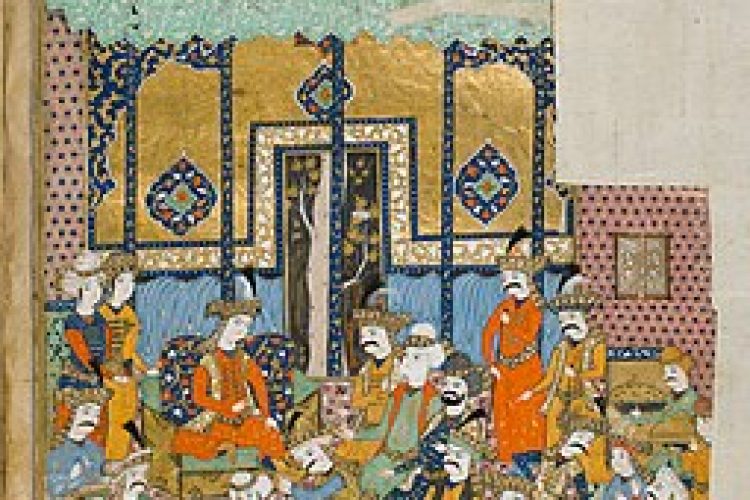 به سلطنت رسیدن شاه عباس در کاخ چهل‌ستون قزوین، از کتاب خلاصة التواریخ احمد منشی قمی