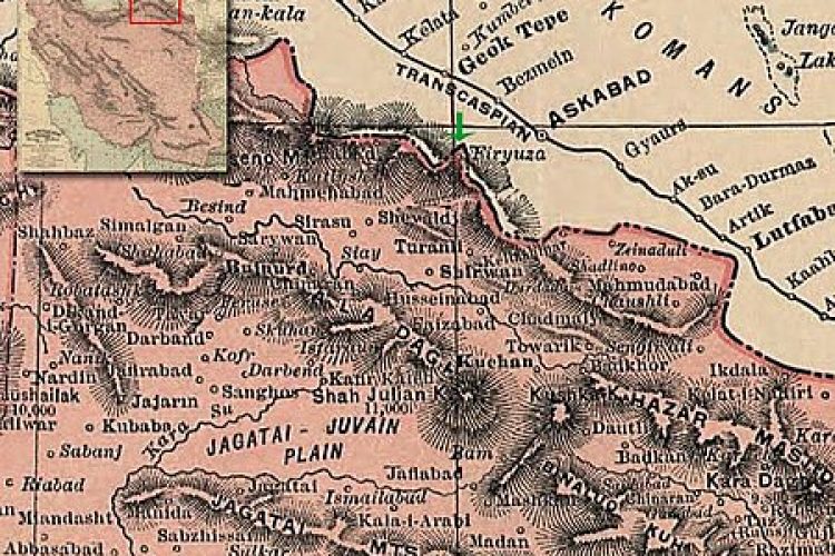 فیروزه در ایران در نقشه‌ای از ۱۸۹۲ (با فلش سبز نشان داده شده‌است).