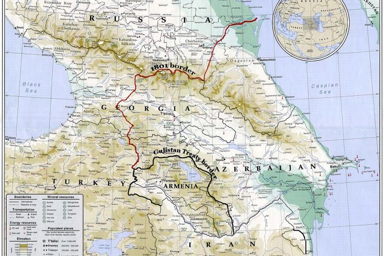 مرزهای شمال غربی ایران و روسیه تا پیش از پیمان‌نامه گلستان (خط قرمزرنگ) و پس از آن (خط سیاه‌رنگ)