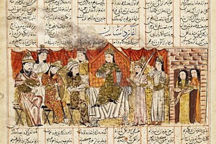 نگاره‌ای از شاهنامه که خسرو یکم را نشسته بر تخت شاهی به تصویر کشیده است.