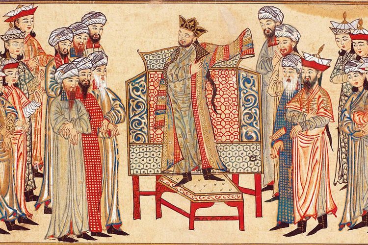 سلطان محمود غزنوی در دادگاهش (نفر میانی) درحال به‌دست آوردن منشوری از خلیفه القادر بالله؛ نقاشی شده به دست رشیدالدین فضل‌الله همدانی. (ویکی پدیا)